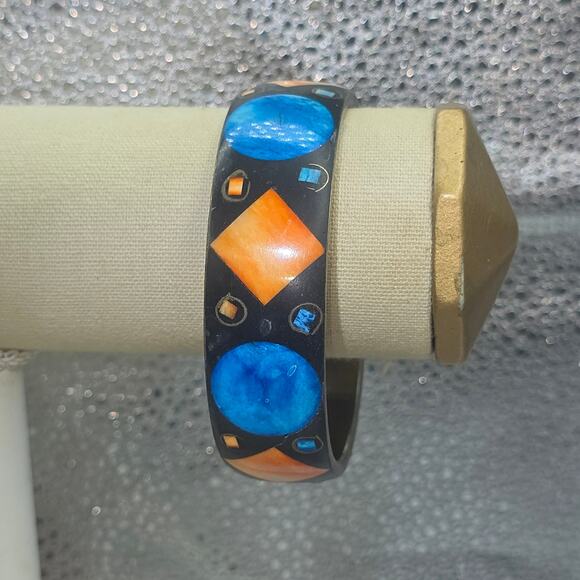 VTG MCM Atomic Cosmic 3/4” Brass Bangle BK OR & BL Bovine Bone Inlay SZ 8.75 - Picture 3 of 10